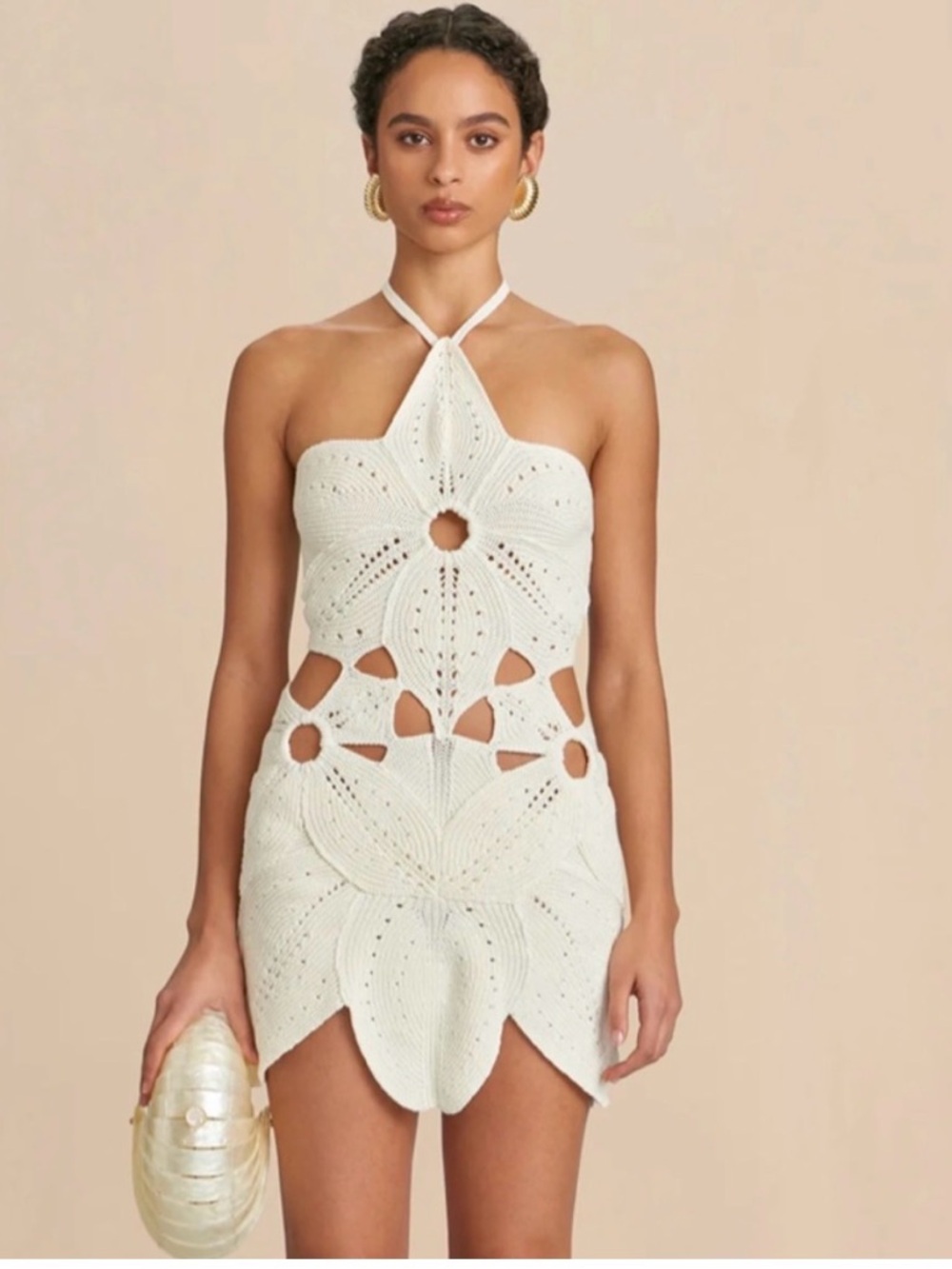 Cult Gaia White Crochet Halter Mini Dress